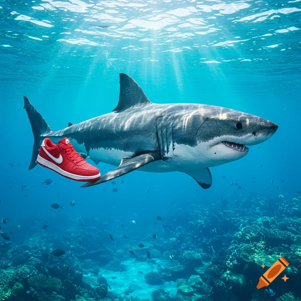 A great white shark swims underwater next to a bright red Nike sneaker with a white swoosh logo, with sunlight rays shining from above.