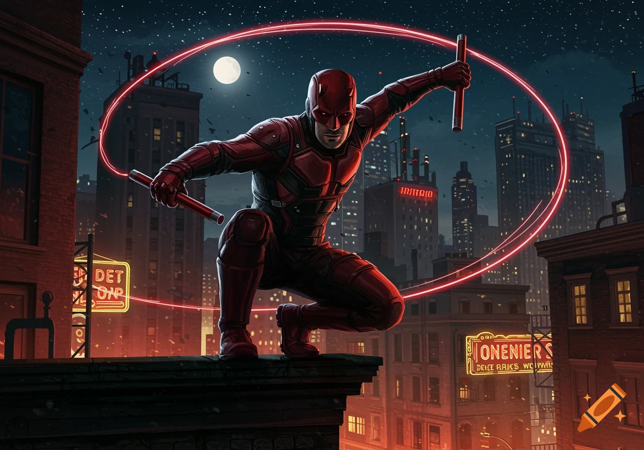 Daredevil, a red-suited superhero, crouches on a rooftop at night with glowing red lines, overlooking a city skyline.