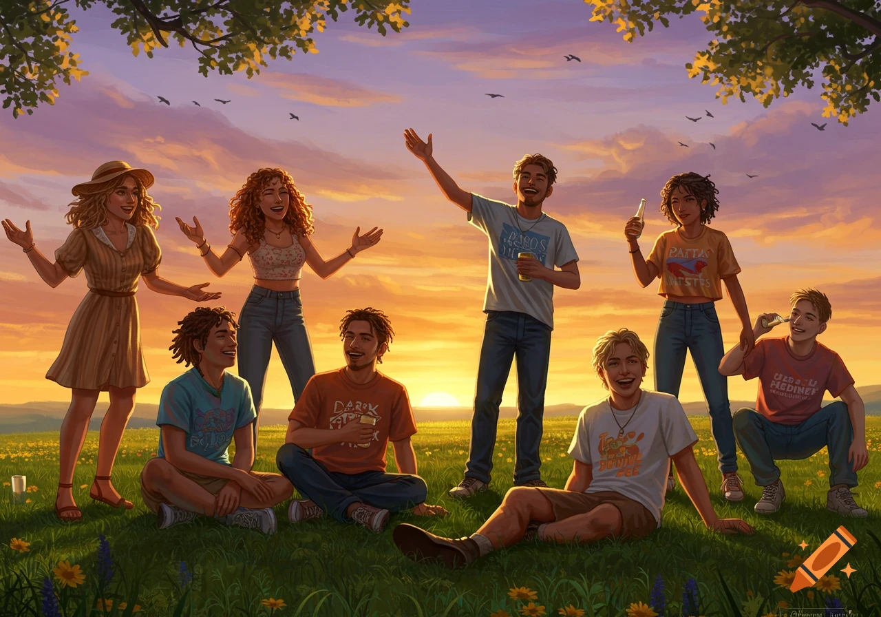An illustrated group of friends smiling and relaxing in a grassy field at sunset under a tree.