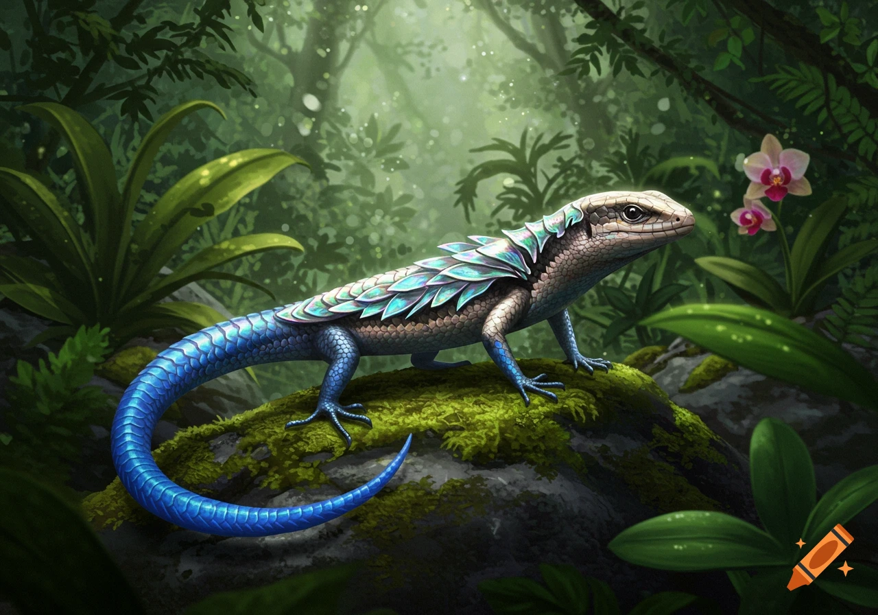 A fantasy lizard with a blue tail and iridescent turquoise scales on its back sits on a mossy log in a lush green jungle.