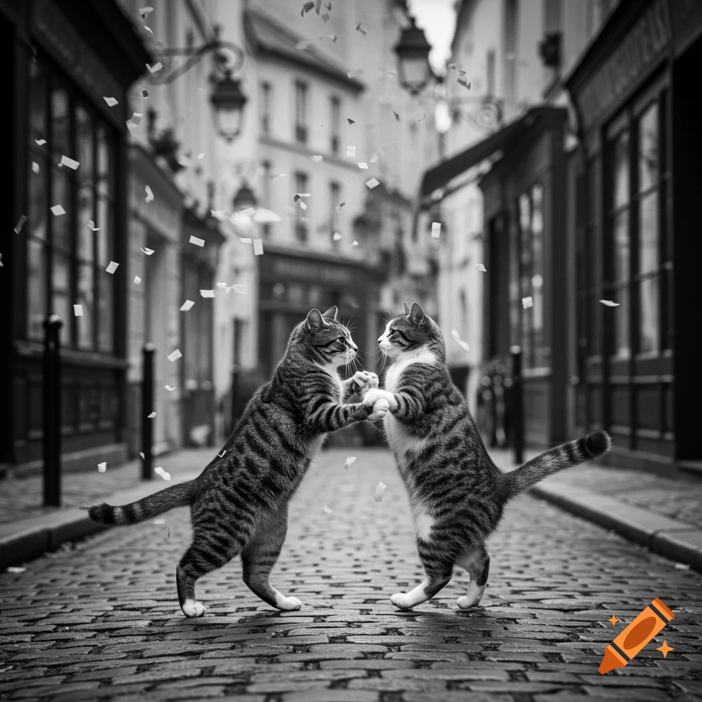 Two tabby cats dance a waltz on a cobblestone street with falling confetti in a black and white photograph.