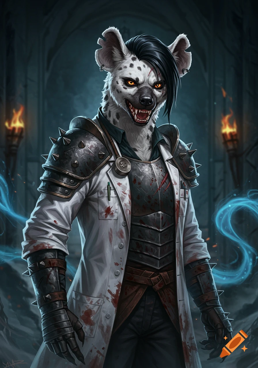 A menacing furry hyena character in a blood-stained white lab coat and spiked armor, with black hair, glowing eyes, and a scarred face, stands in a dark dungeon.