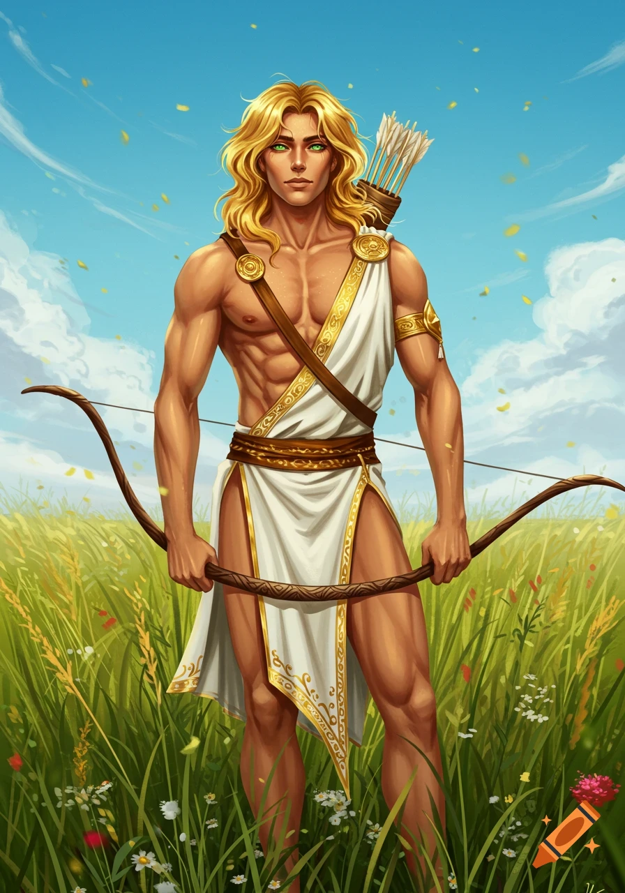 A muscular man with long blonde hair and green eyes, dressed in a white and gold tunic, stands in a grassy field holding a bow.