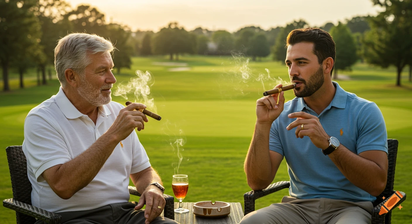Photorealistic image of two men smoking cigars on a golf course at sunset.