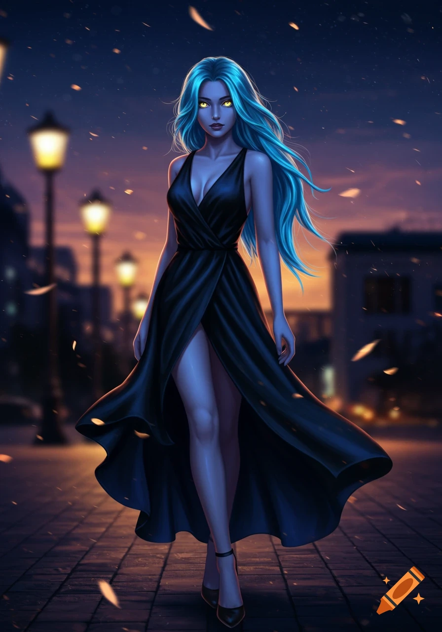 An illustrated woman with blue hair, glowing yellow eyes, and dark skin, wearing a black dress, walks on a city street at night with glowing streetlights.
