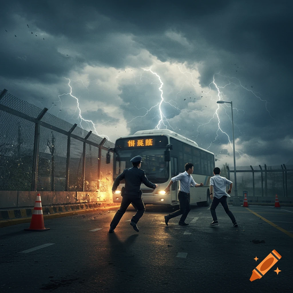A dramatic scene of a bus in a lightning storm, with a police officer and two civilians running away from the bus.