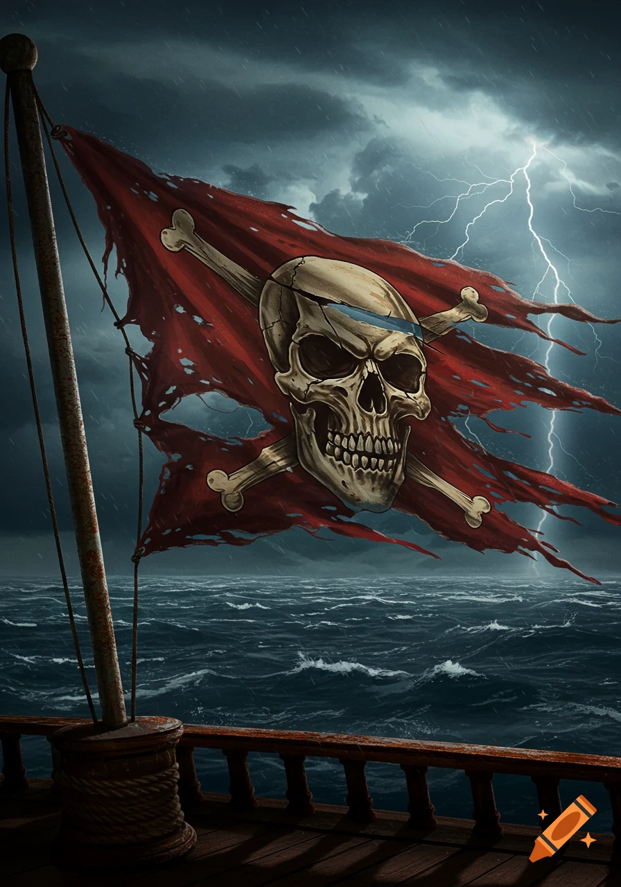 A tattered red pirate flag with a cracked skull and crossbones flies from a ship's mast in a stormy ocean with lightning.