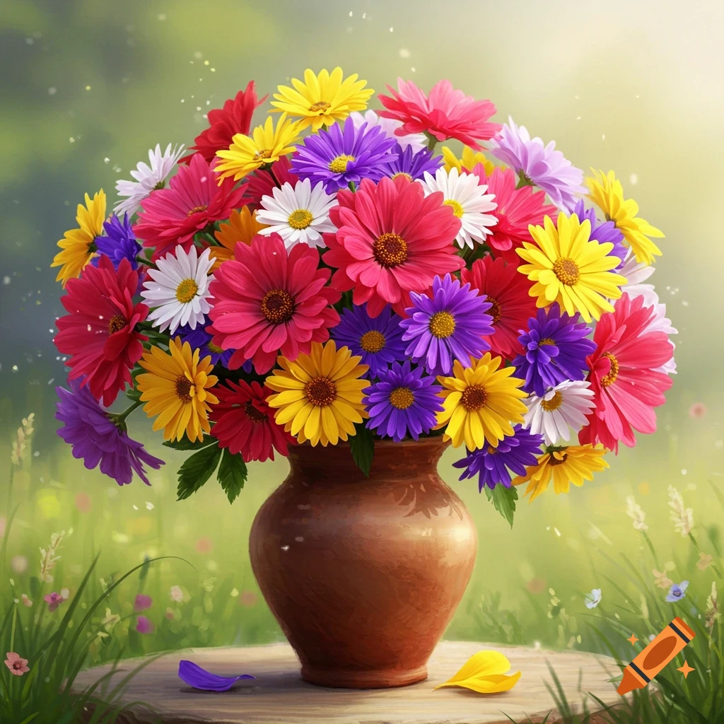 A colorful bouquet of flowers in a brown vase sits on a wooden stump in a sunny outdoor setting with green grass.