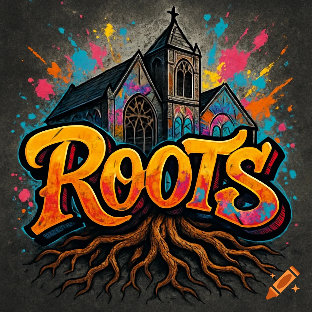 A vibrant graffiti-style logo featuring the word "Roots" in bold orange and red, with a colorful church building above and tree roots below, all against a dark, splattered background.