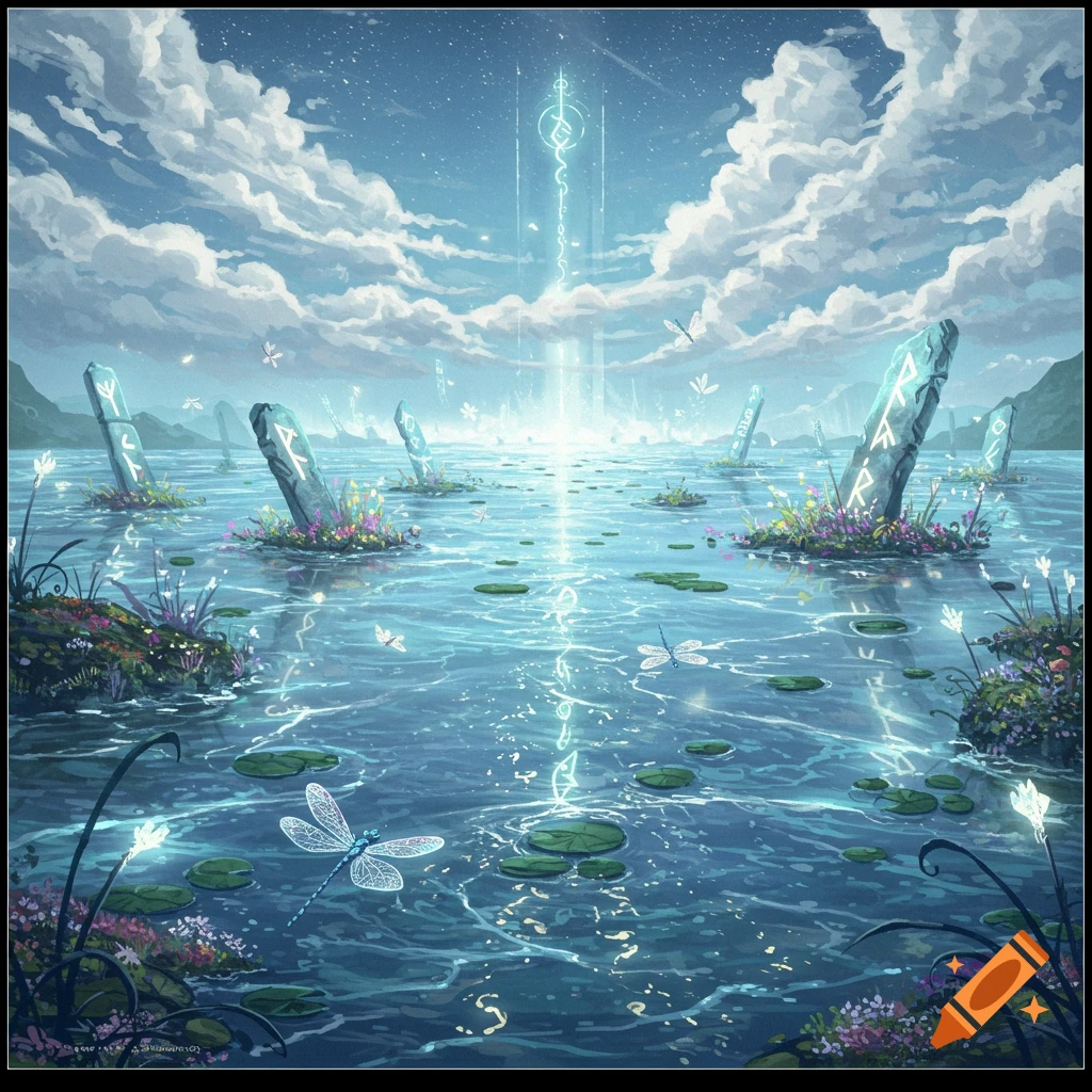 An ethereal landscape with glowing rune stones in a shimmering lake under a starry sky with a bright light beam.
