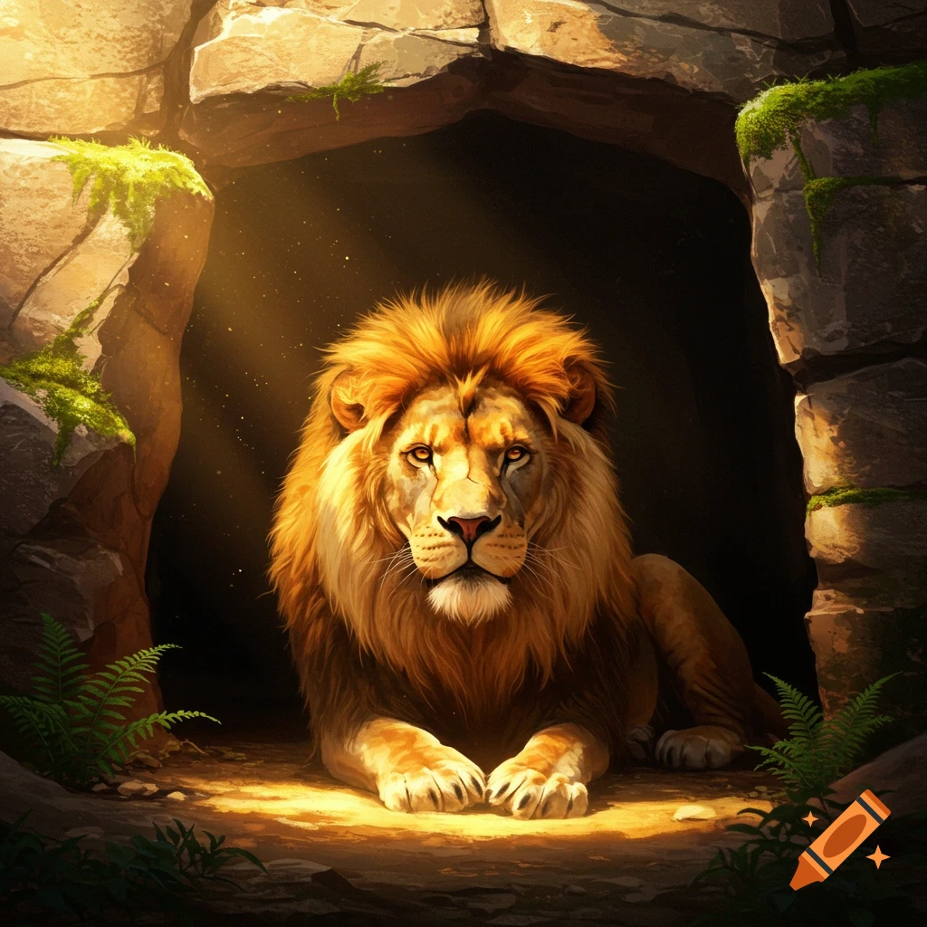 A majestic lion with a golden mane rests inside a dark cave, illuminated by a beam of sunlight.
