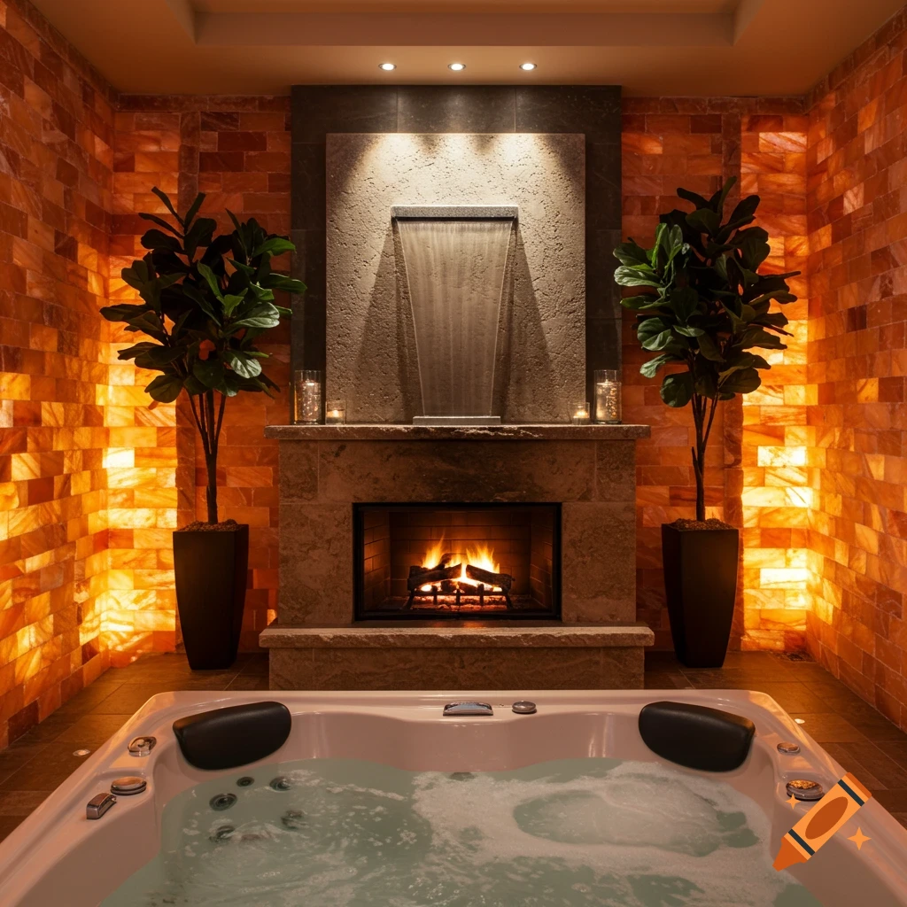 A luxurious spa room featuring a bubbling jacuzzi, a cozy fireplace with a waterfall feature, and warm illuminated salt brick walls.
