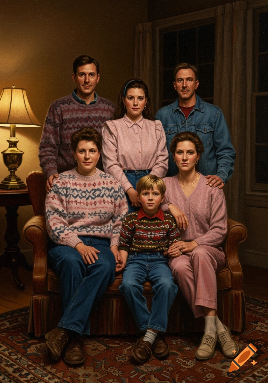 A family portrait in oil paint, featuring six people in 1990s attire, posed in a dimly lit living room.