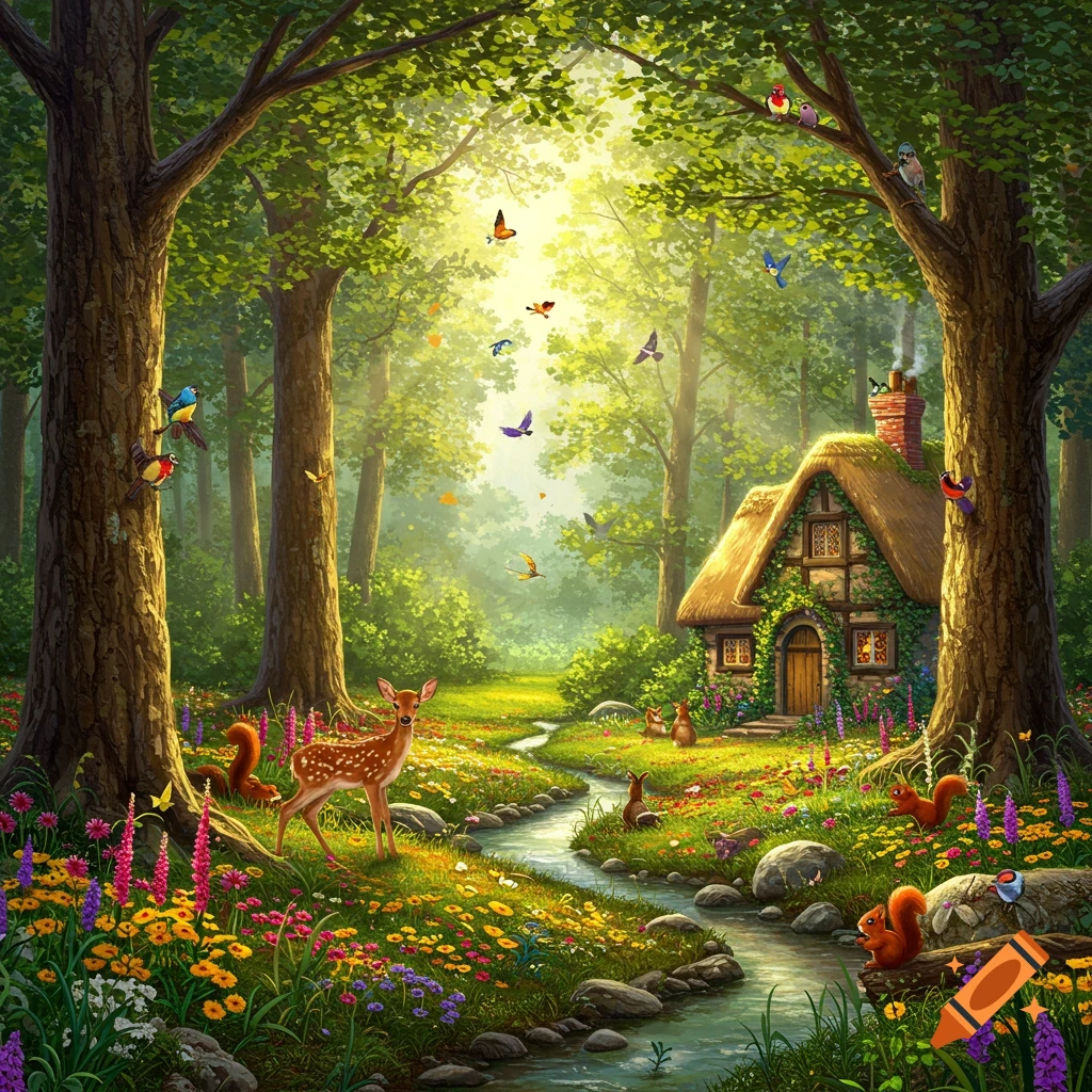 Vibrant fantasy forest with a thatched cottage, stream, flowers, deer, squirrels, birds, and butterflies, bathed in golden light.