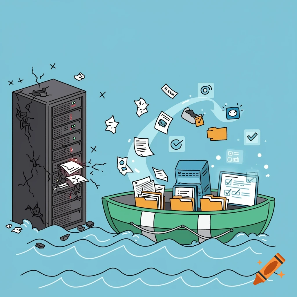 Cartoon illustration of data migration from a crumbling server to an organized lifeboat floating on data waves.