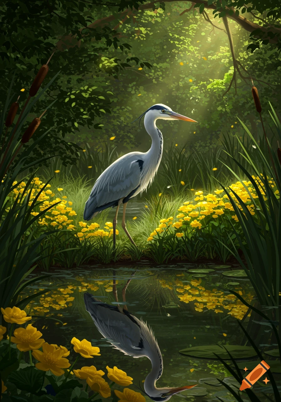 A grey heron stands in a lush green and yellow marsh, its reflection visible in the calm water.