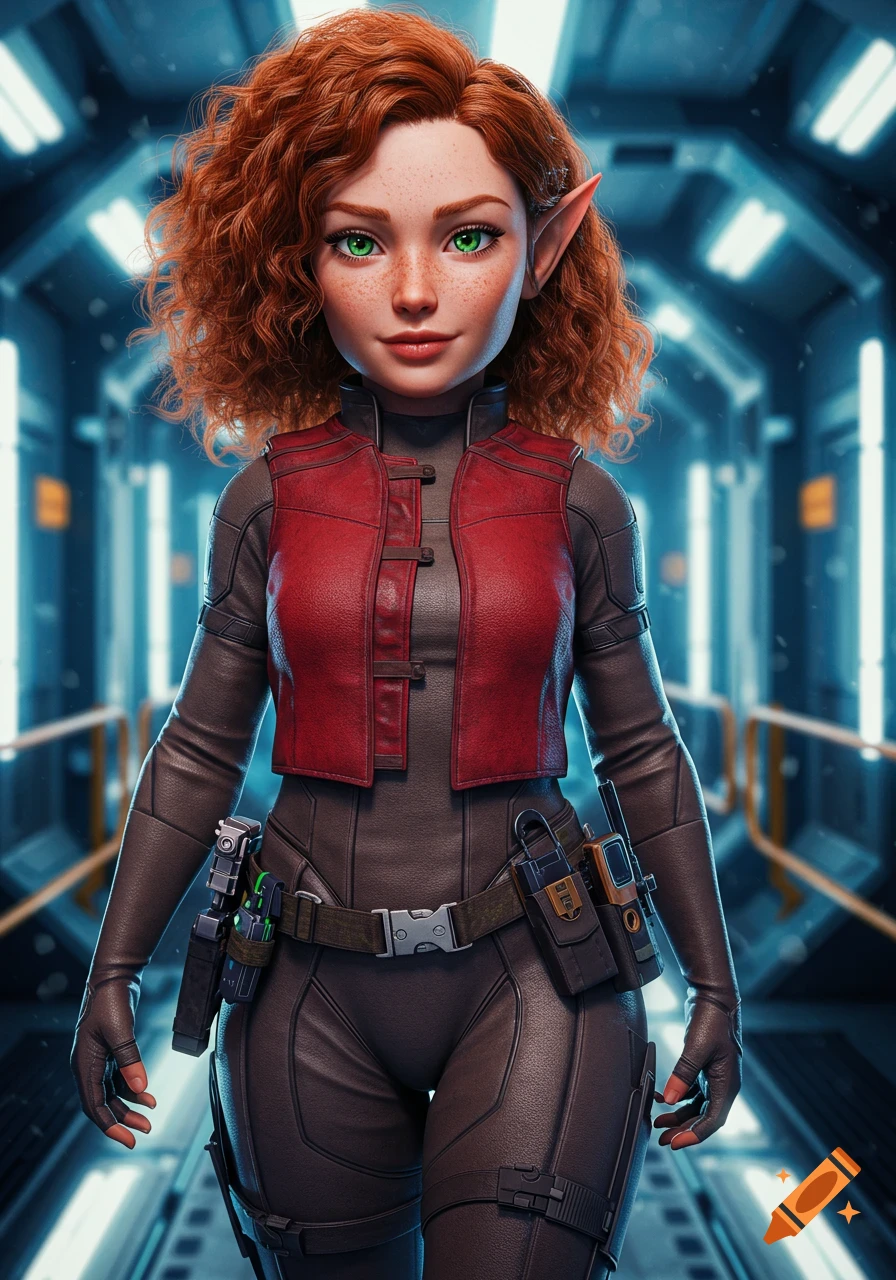 A red-haired elf woman with green eyes and freckles, wearing a red vest over a dark leather suit in a sci-fi corridor.