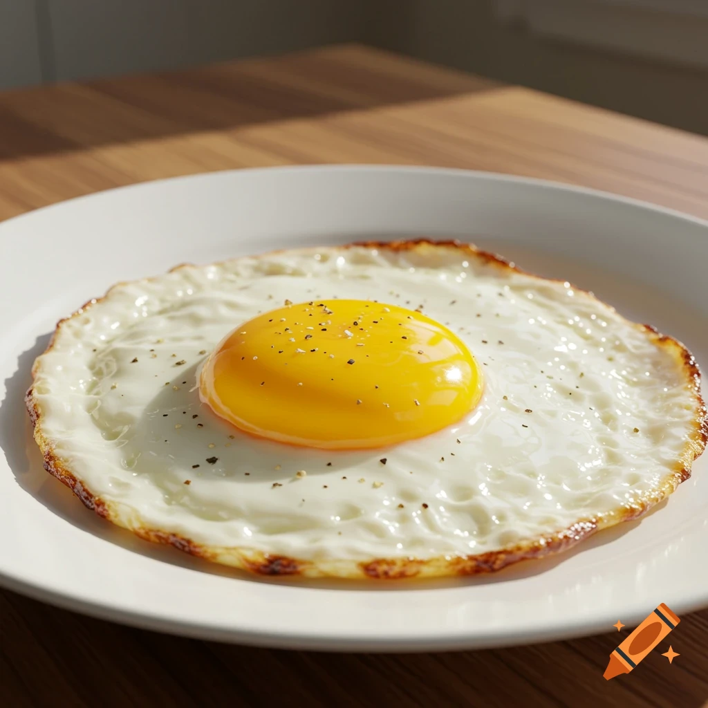 A perfectly cooked sunny-side-up fried egg with a sprinkle of pepper on a white plate.
