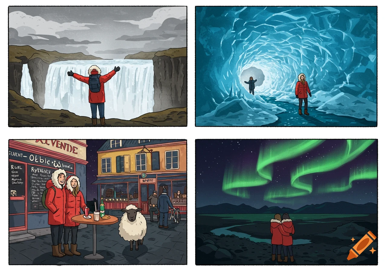 A four-panel cartoon depicting a couple's vacation. Scenes include a waterfall, an ice cave, a town street with a sheep, and viewing the Northern Lights.