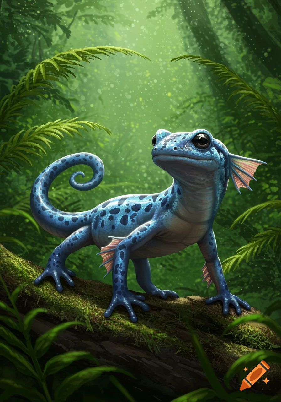 A vibrant blue spotted fantastical creature with a curly tail and small fins on its legs stands on a mossy log in a lush green jungle.