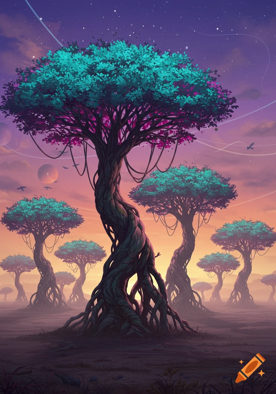 Vibrant fantasy landscape with twisted, teal and magenta alien trees under a purple and orange cosmic sunset sky with distant planets.
