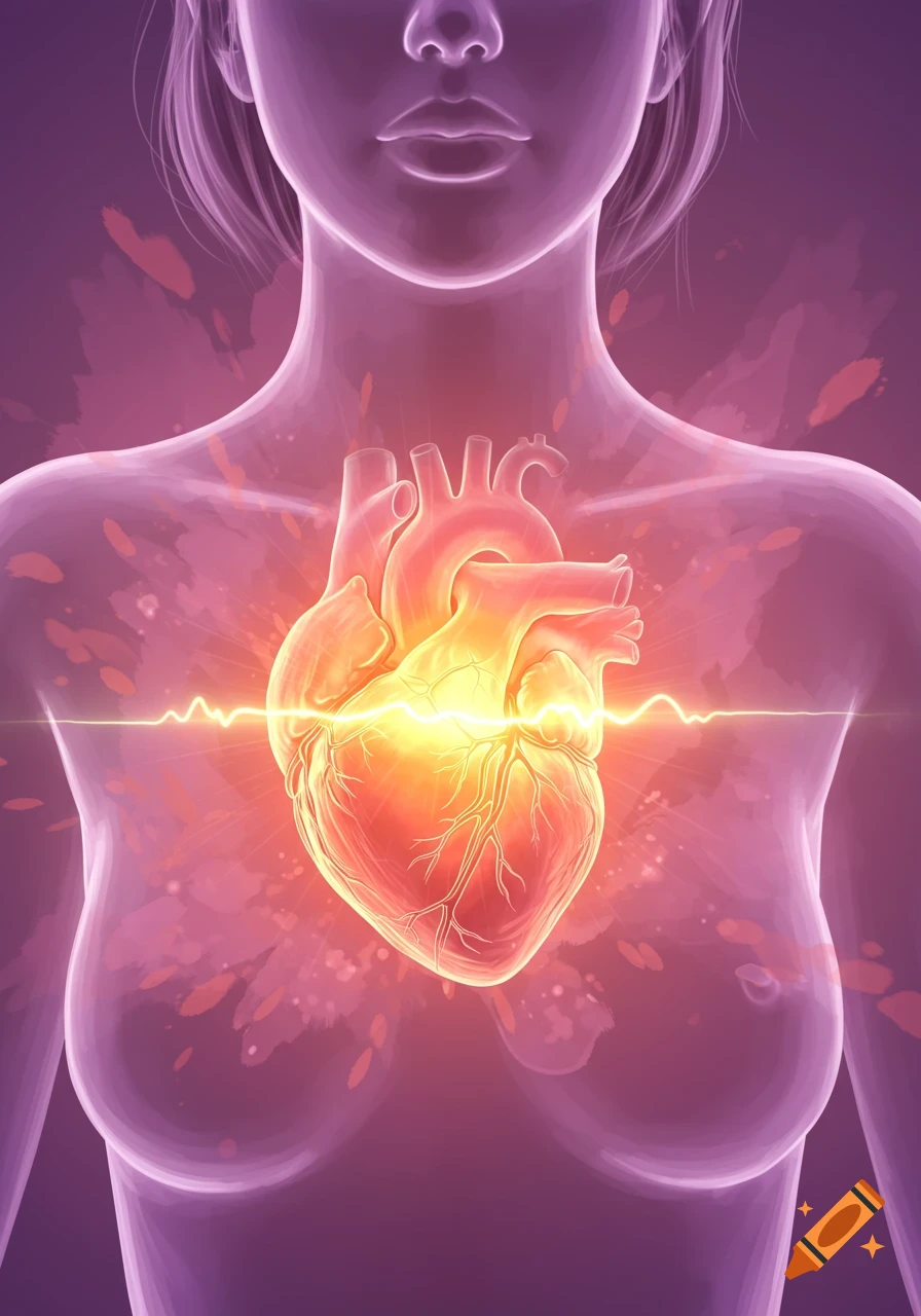 Stylized illustration of a translucent female torso with a glowing, vibrant red heart at the center, emitting light and an ECG line.