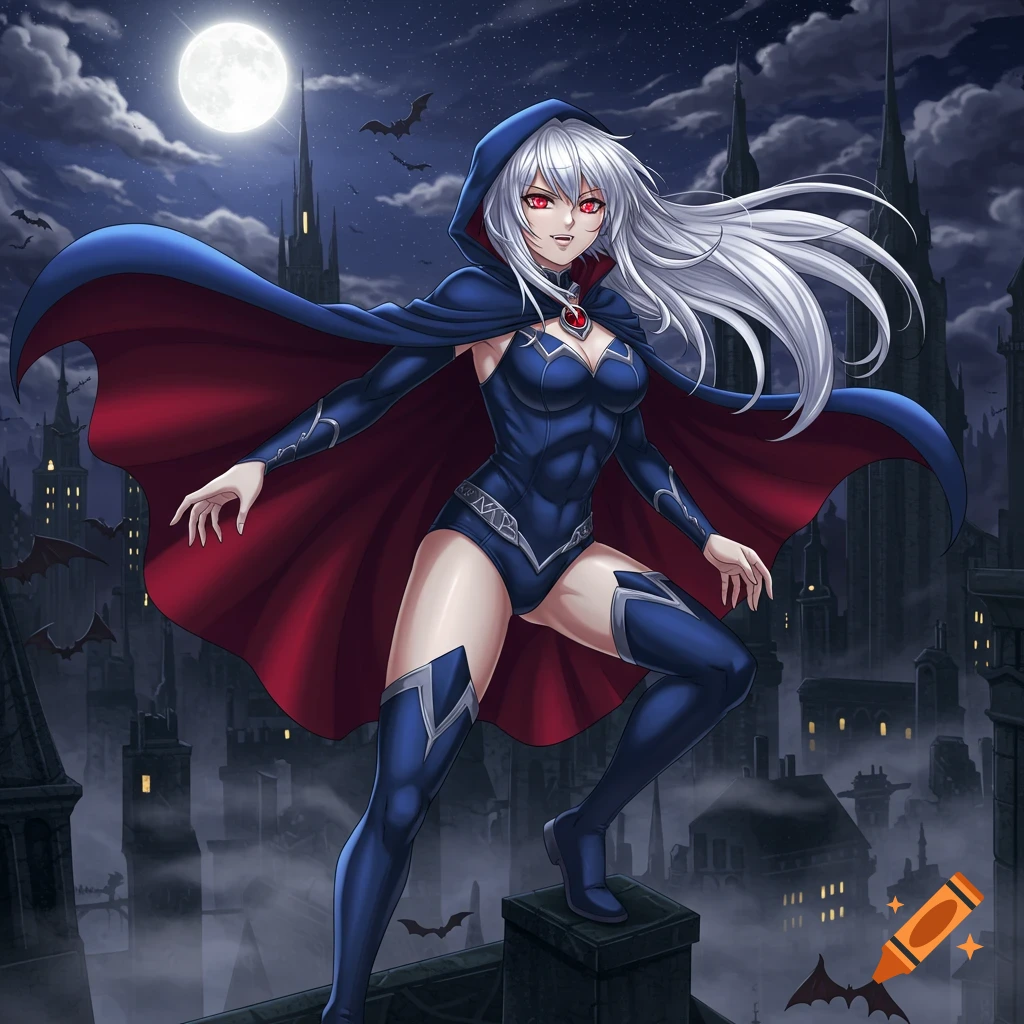 Anime girl with white hair, red eyes, and a blue and red cape poses on a gothic city rooftop at night under a full moon.