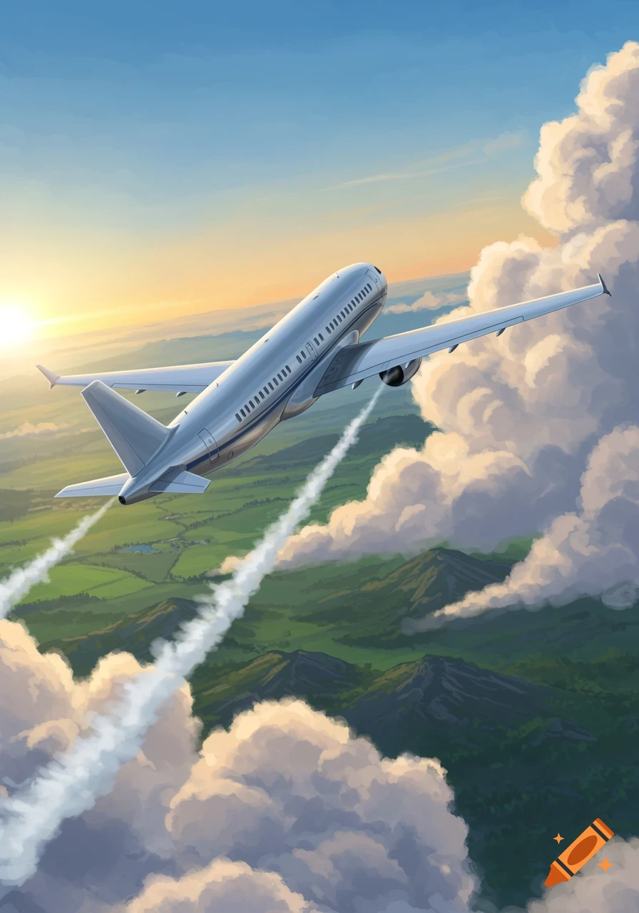 A silver airplane flies through a partly cloudy sky over green mountains during sunset.