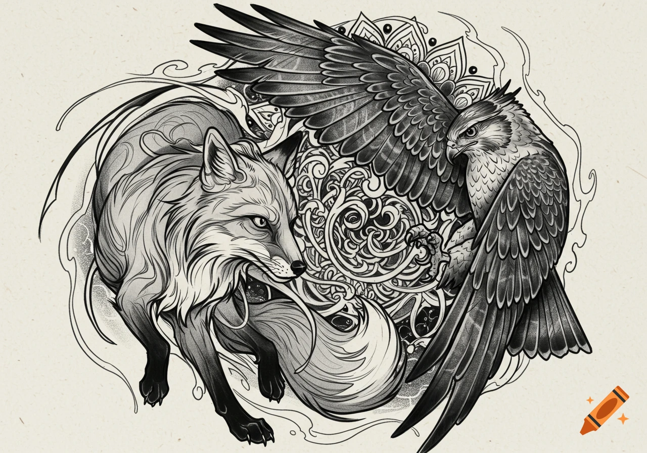 Black ink tattoo design of a fox and a hawk with outstretched wings amidst swirling ornamental patterns.