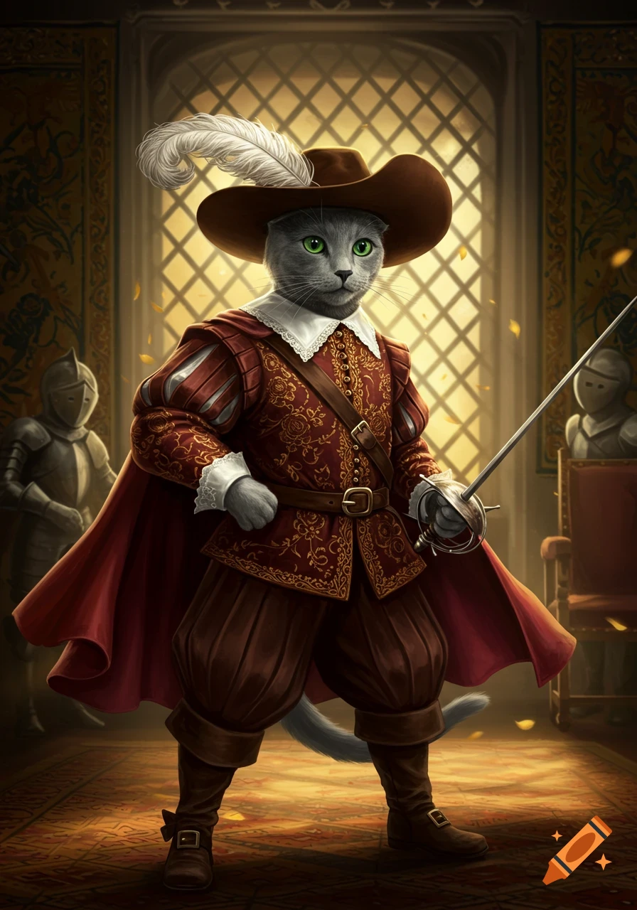 A majestic Russian blue cat in a detailed 16th-century musketeer uniform holds a rapier in a grand room.
