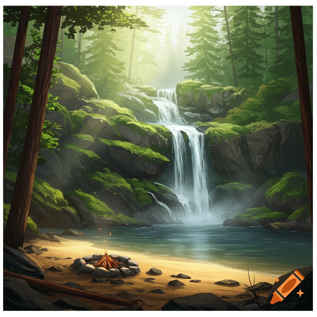 A lush green forest scene with a multi-tiered waterfall cascading into a serene lake next to a sandy beach with a campfire.