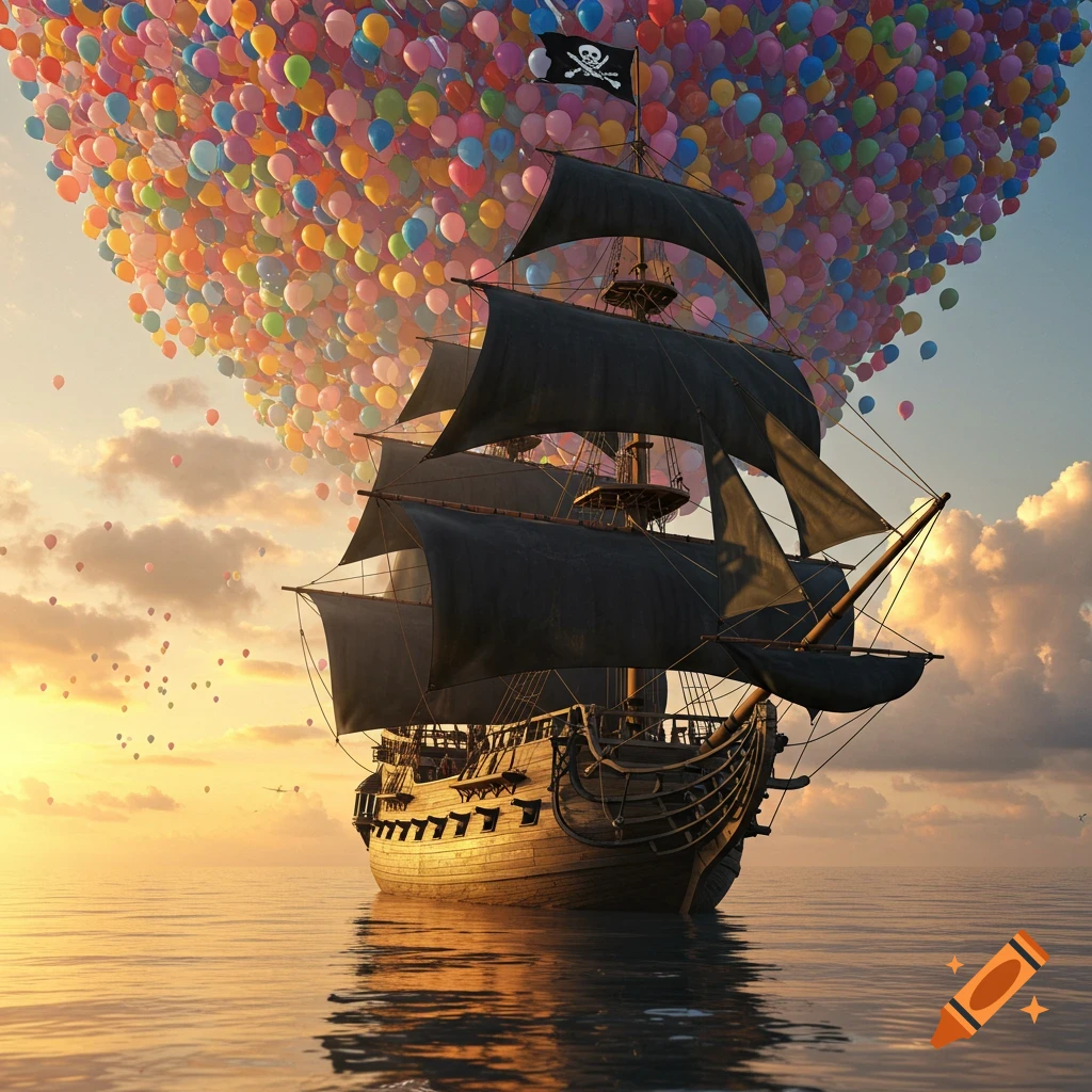 A large black pirate ship floats above calm water, lifted into a sunset sky by hundreds of colorful balloons.