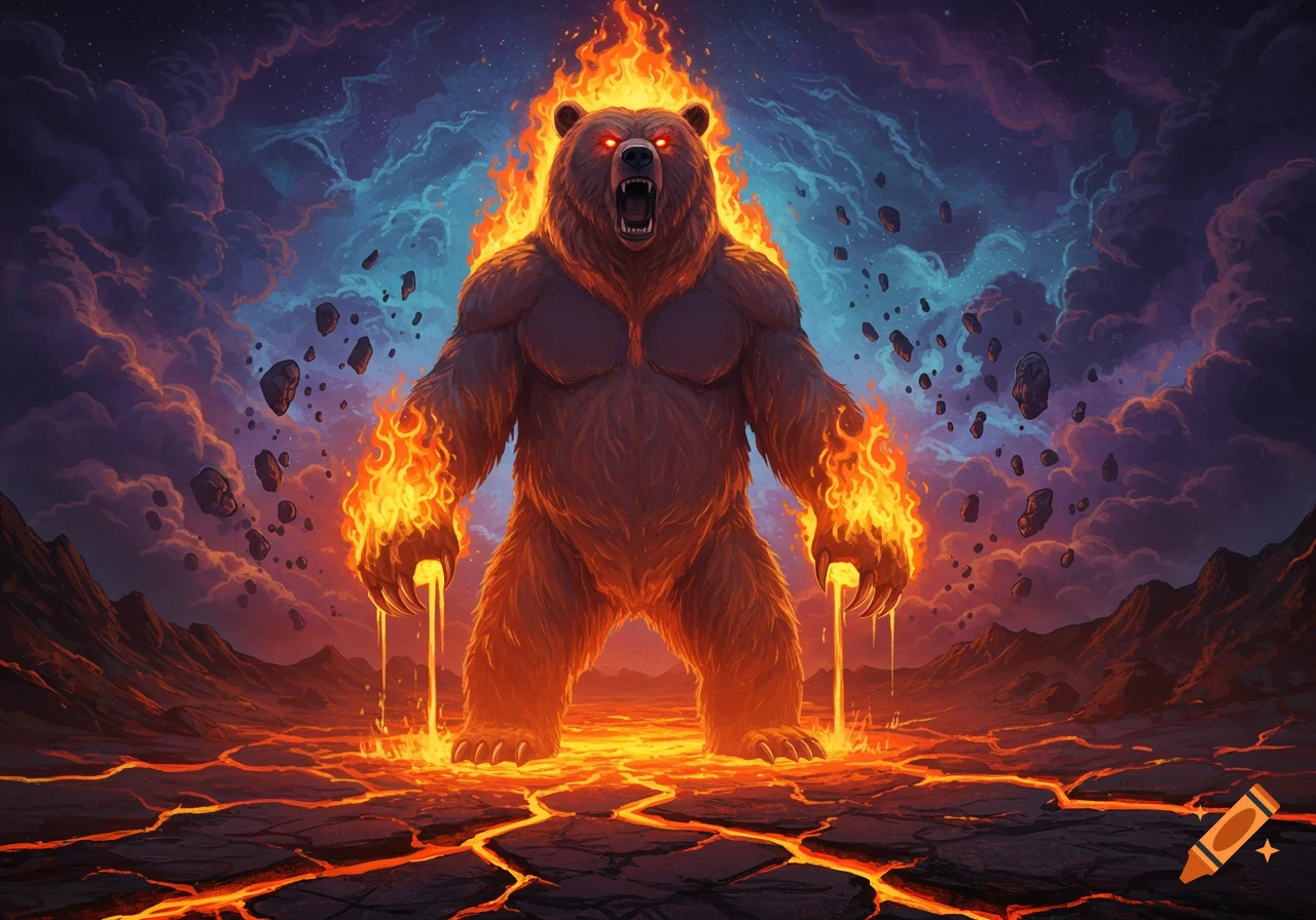 A massive, anthropomorphic bear engulfed in flames with glowing red eyes, standing on cracked earth with lava, under a cosmic, cloudy sky.