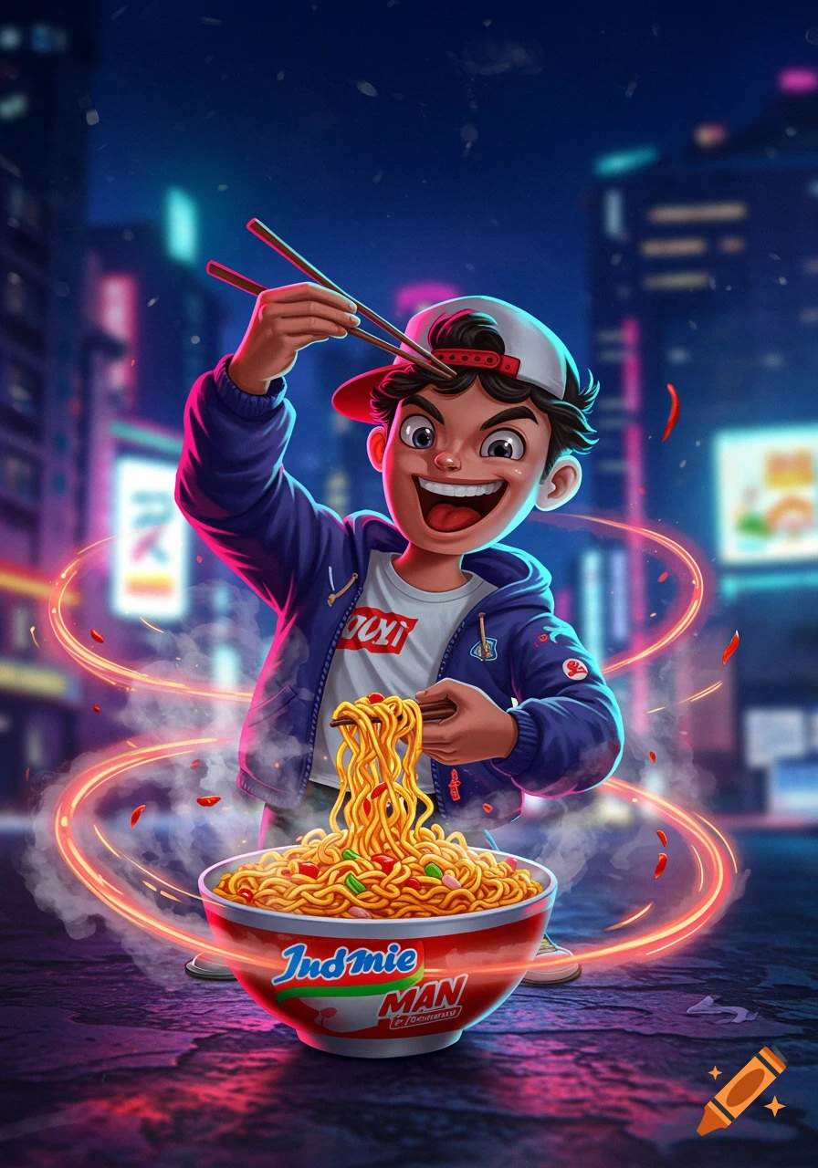 A stylized illustration of a happy boy wearing a cap and blue jacket, using chopsticks to pick up noodles from a large red bowl of ramen, with a neon city background.