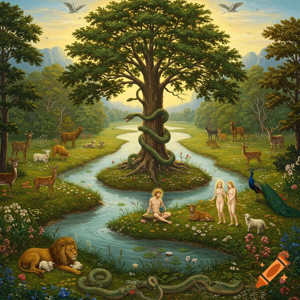 Renaissance-style painting of the Garden of Eden with Adam, Eve, serpent, animals, and rivers around a large tree.