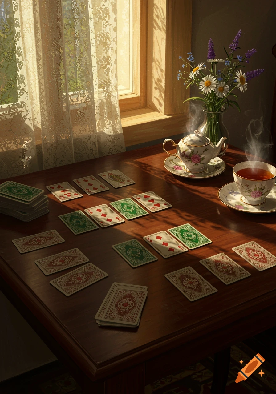 A wooden table bathed in sunlight from a window, set with playing cards arranged for a solitaire game, alongside a steaming teapot and teacup with a floral pattern.