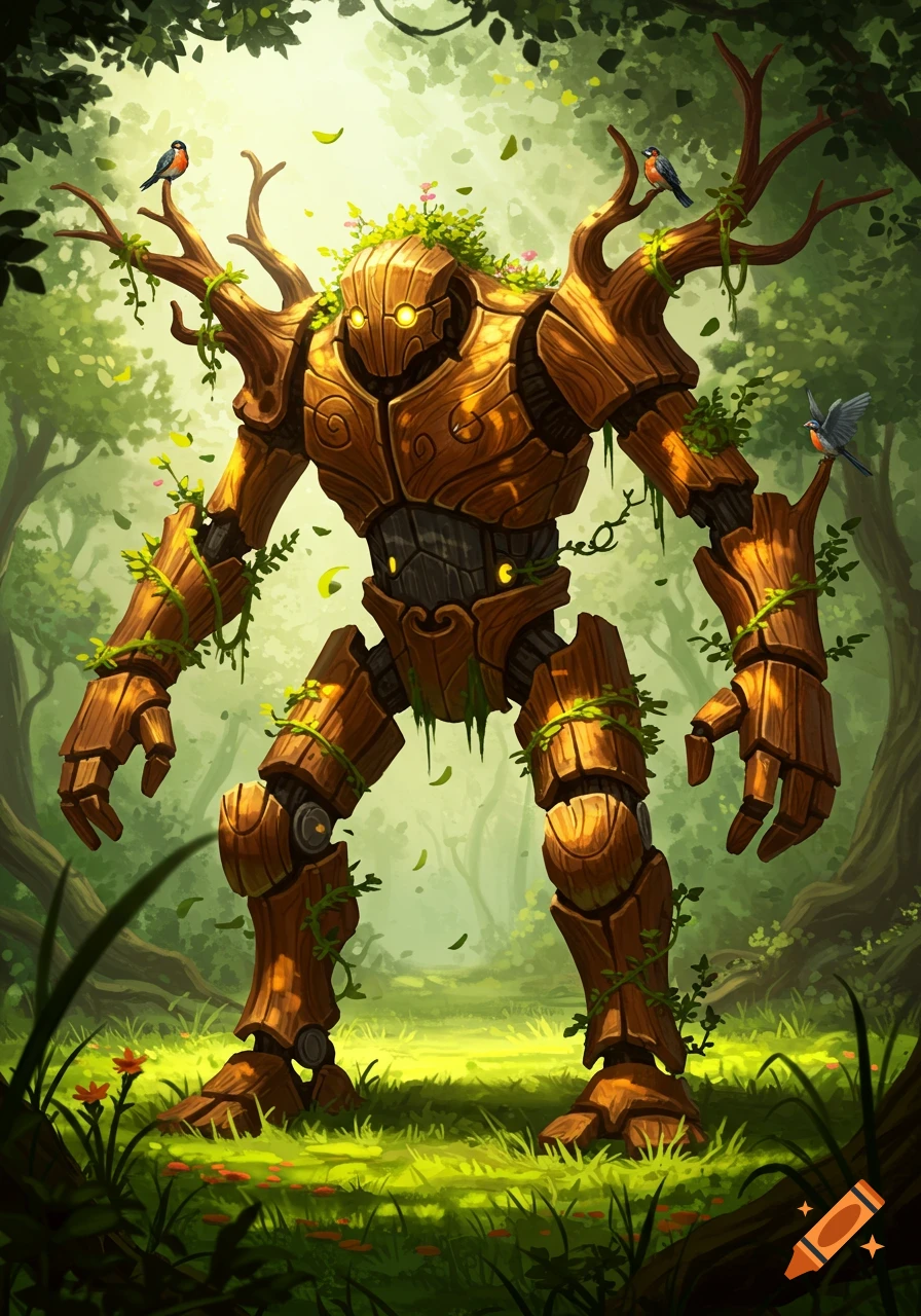 A large, imposing wooden golem covered in vines and leaves stands in a bright, green forest with birds perched on its branches.