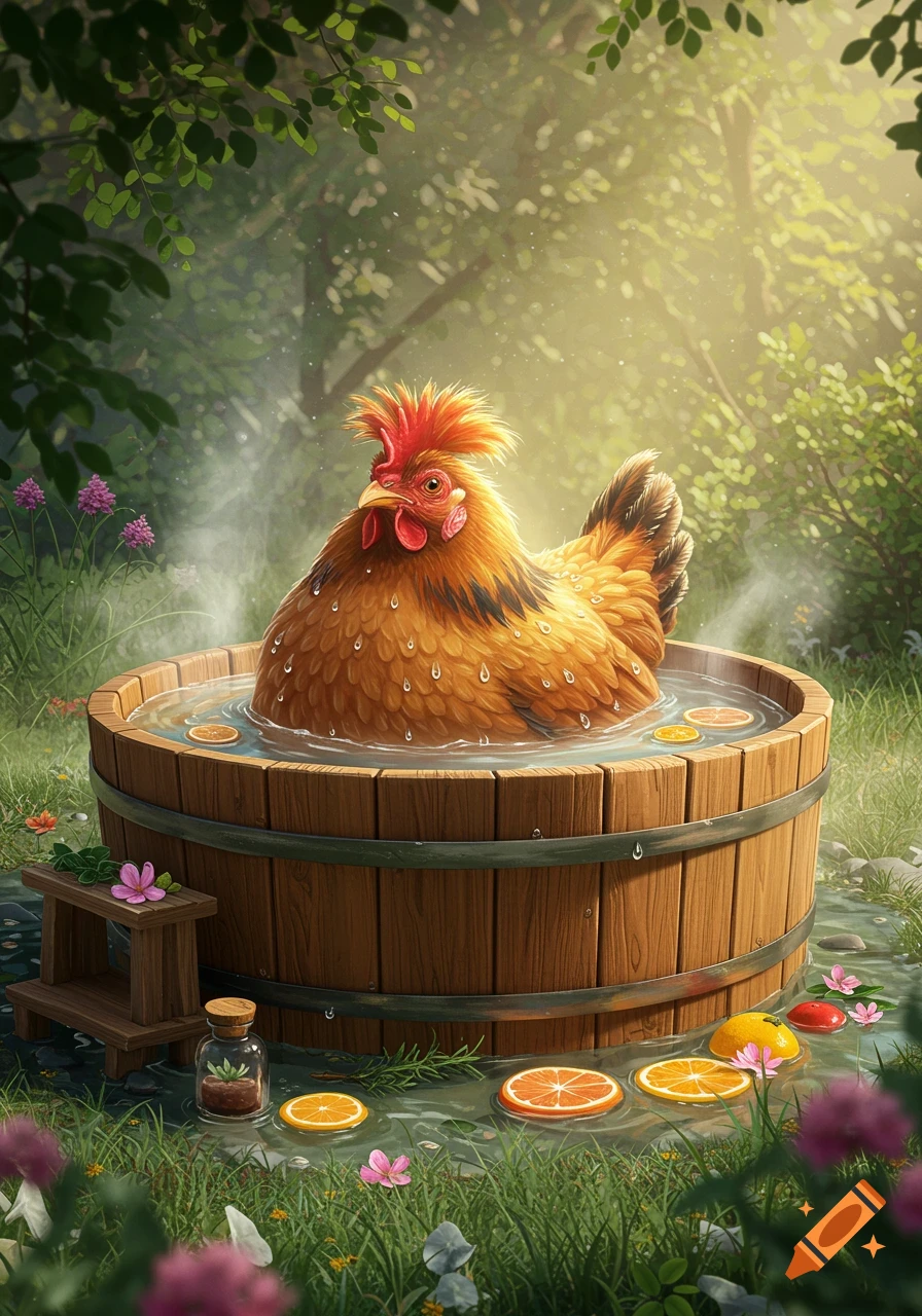 A fluffy, orange chicken soaks in a wooden hot tub with orange slices in a sunny forest clearing, detailed illustration.