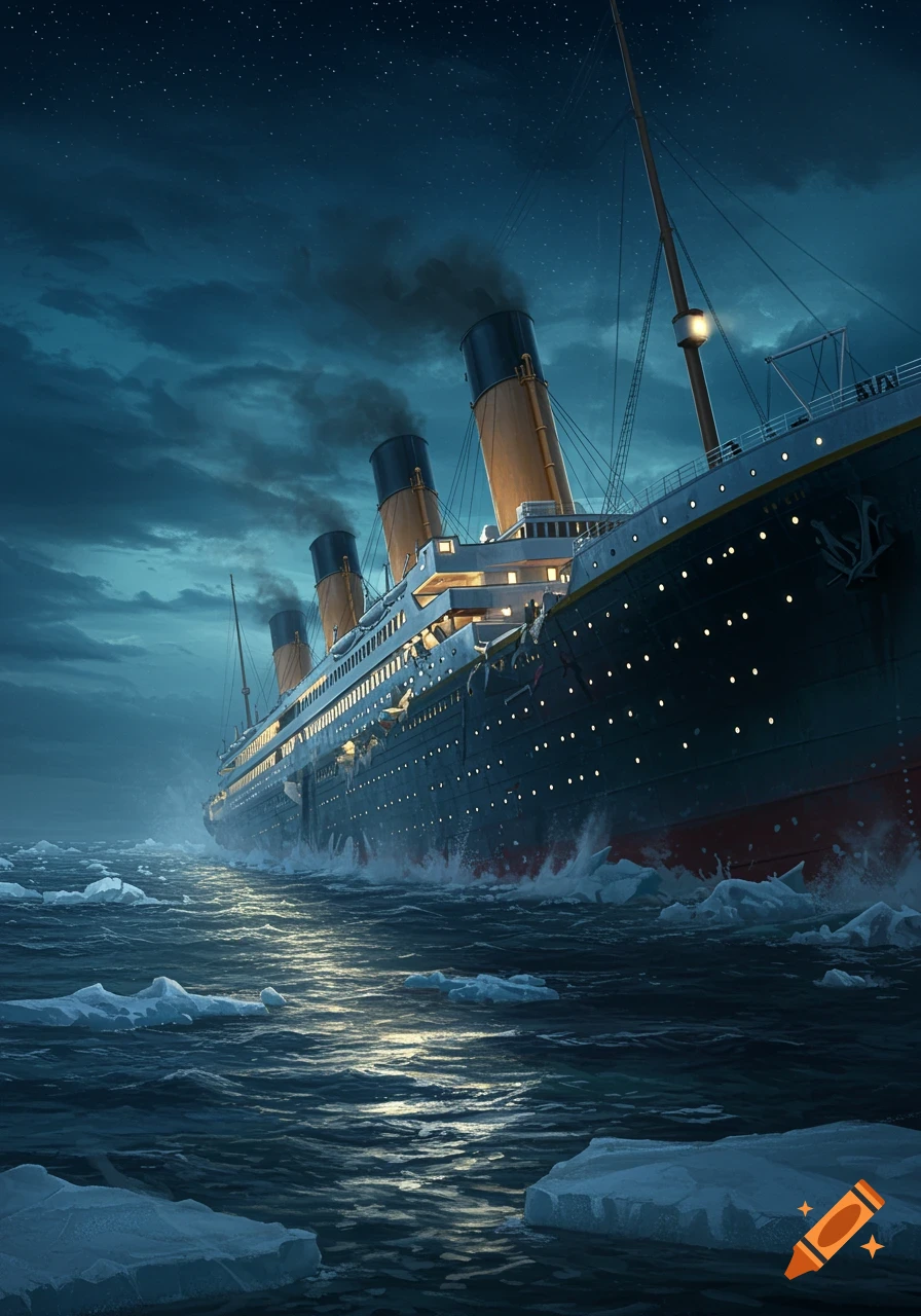A large, dark ship with four smokestacks sails through icy waters at night under a starry sky.