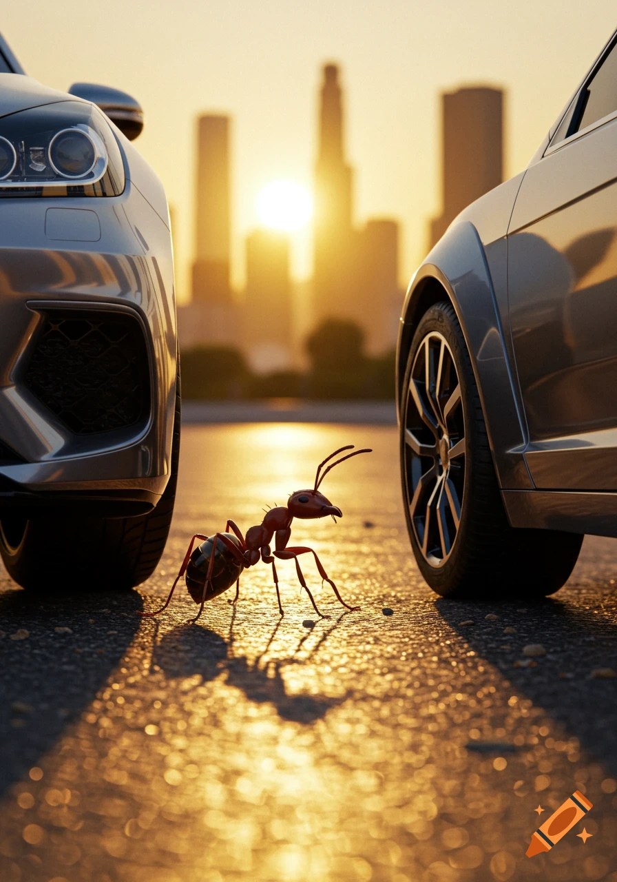 A close-up, low-angle shot of a large ant on asphalt between two cars, with a golden sunset over a city skyline in the background, photorealistic style.