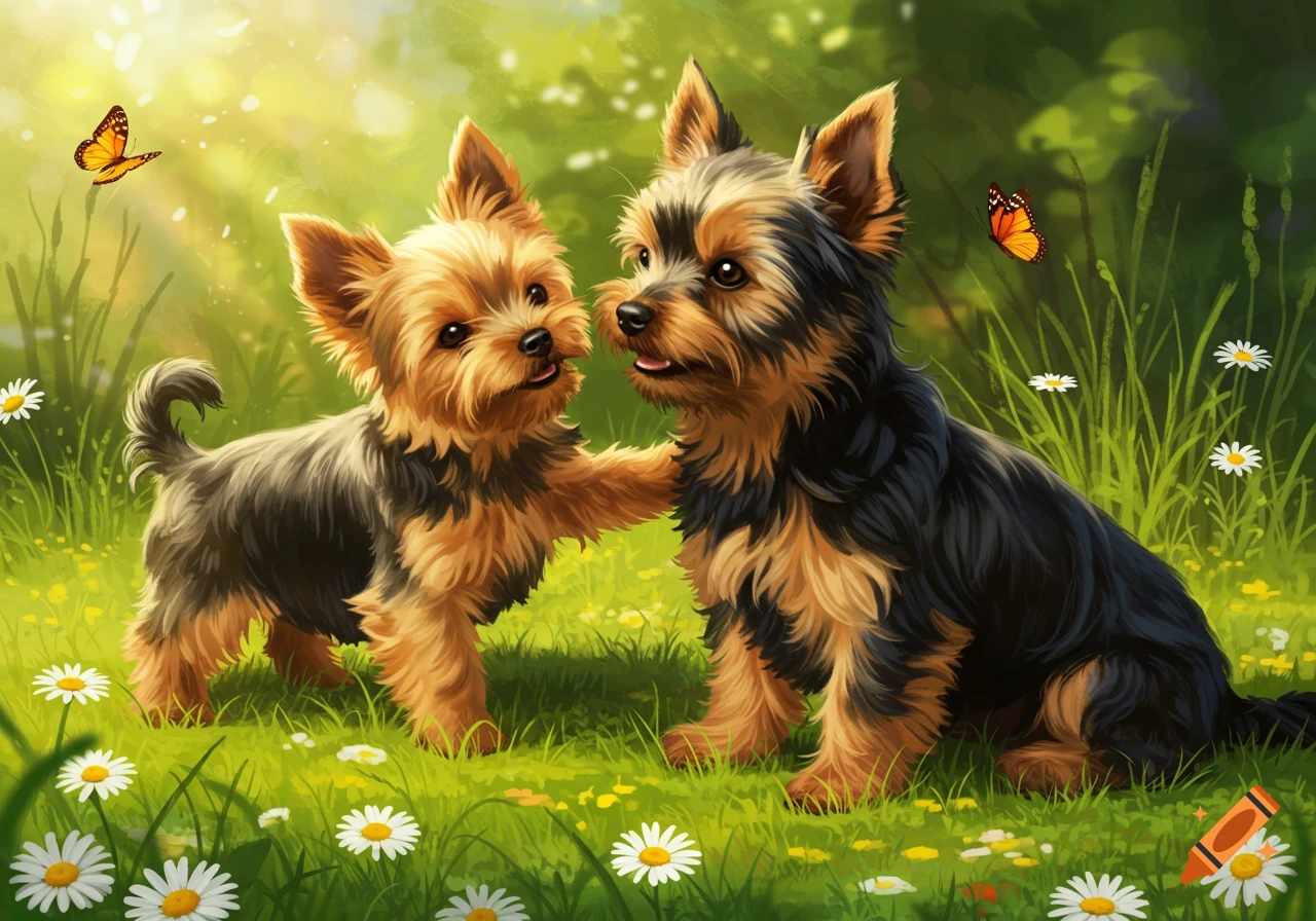 Two cute Yorkshire Terrier dogs playing in a sunny field with daisies and butterflies, in a painterly style.