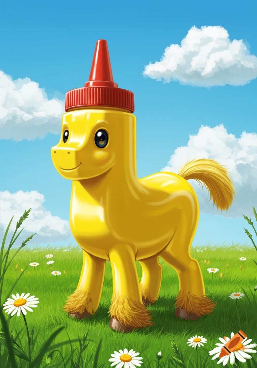 A cute yellow mustard bottle shaped like a pony stands in a green field with white daisies under a blue sky with clouds.