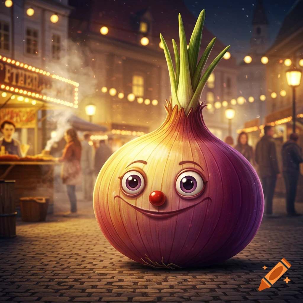 A cute, smiling cartoon onion character with big eyes and a red nose sits on cobblestones in a bustling, illuminated night market.