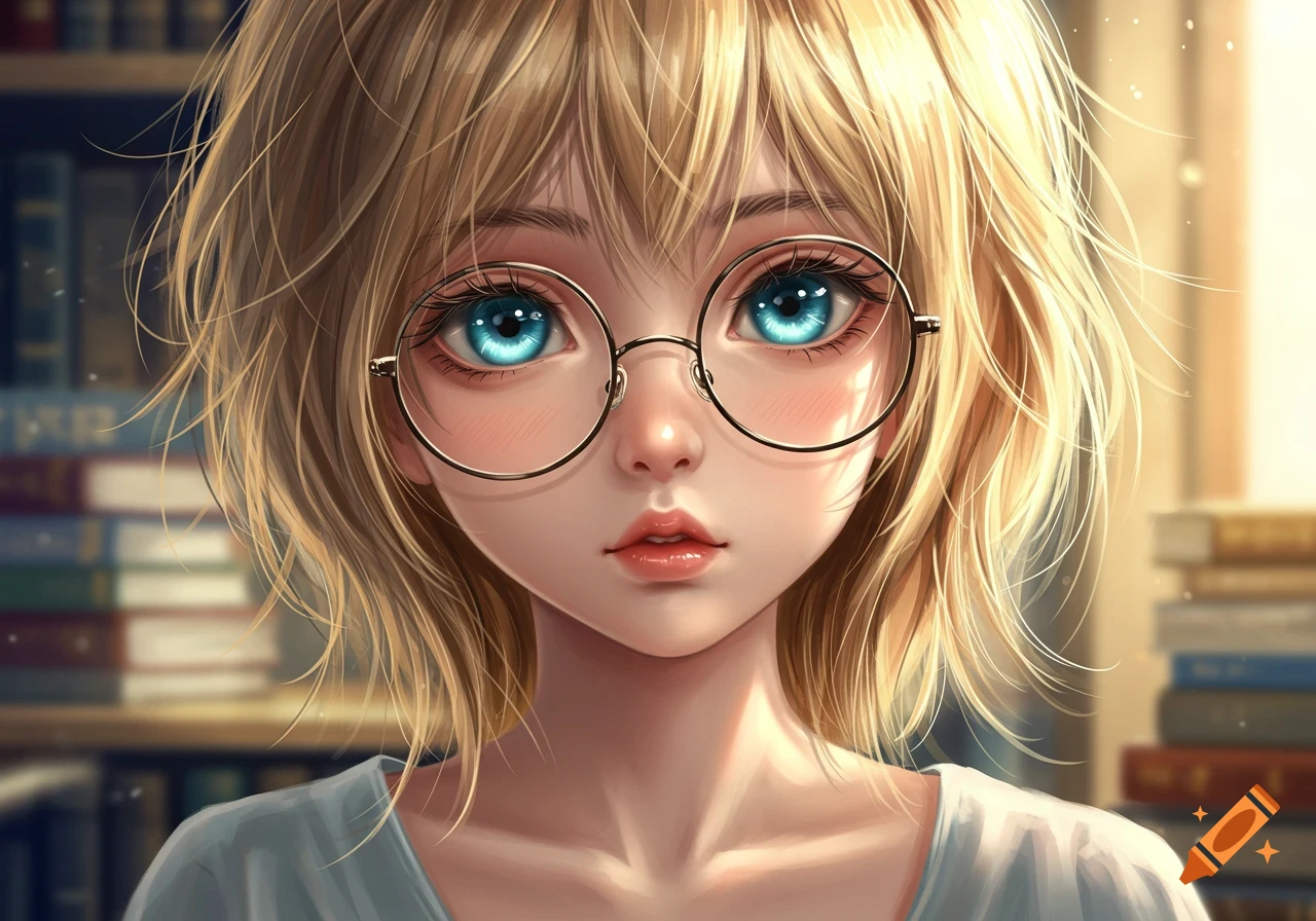 Close-up anime portrait of a blonde girl with blue eyes and round glasses in front of bookshelves.