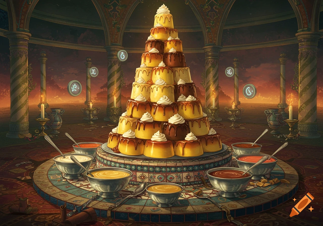 A towering pyramid of pudding desserts with caramel and whipped cream in a grand, candlelit fantasy hall with ornate columns and a tiled floor.