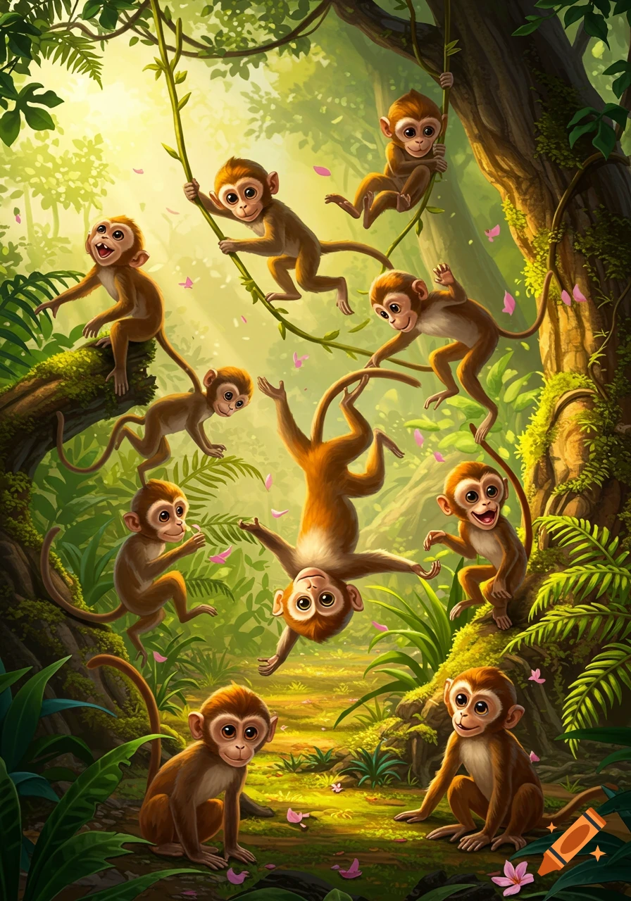 Nine cute cartoon monkeys play and swing on vines in a vibrant, sunlit jungle.