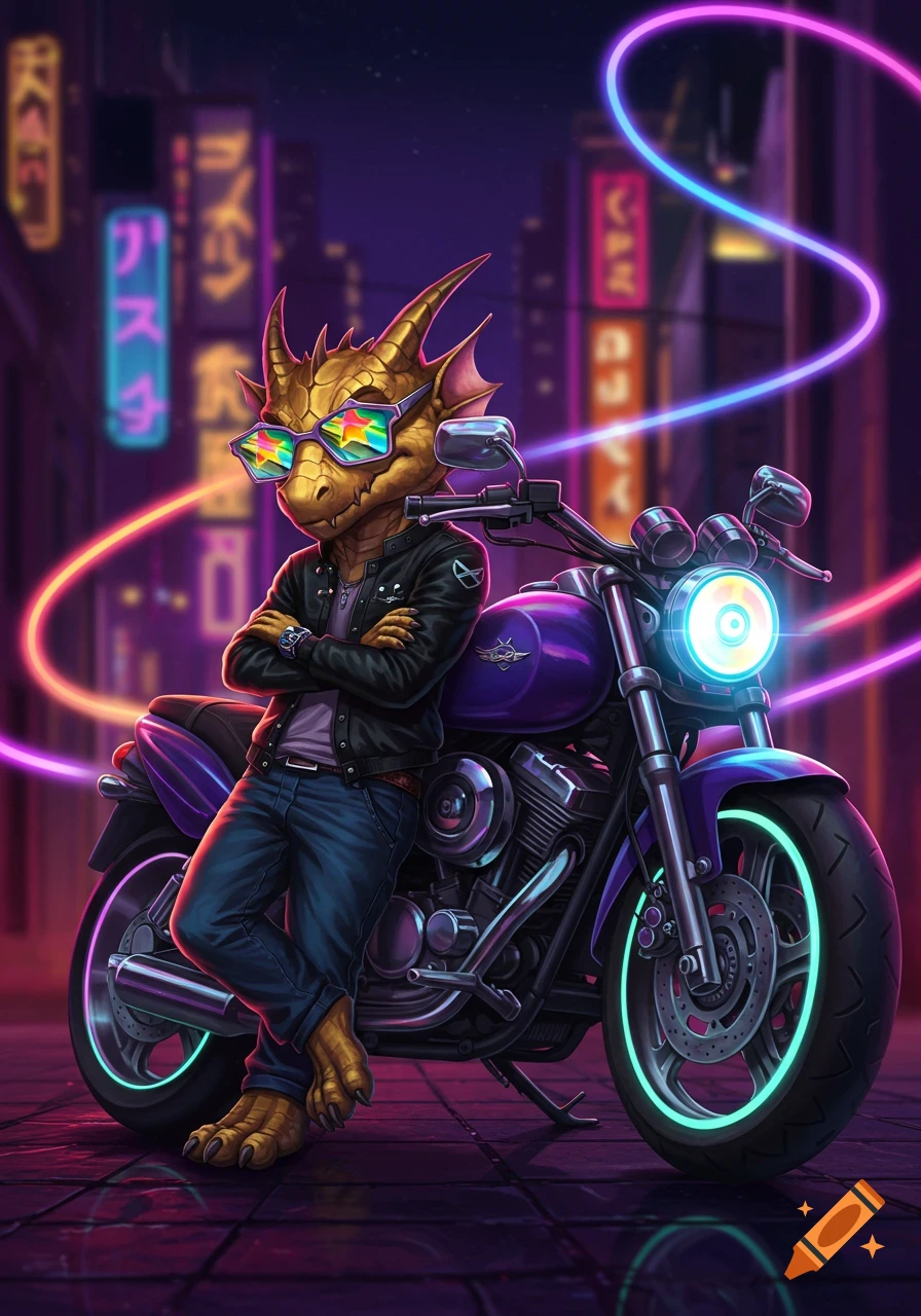 A golden-scaled kobold in a leather jacket and colorful sunglasses leans on a purple motorcycle under neon lights in a futuristic city.