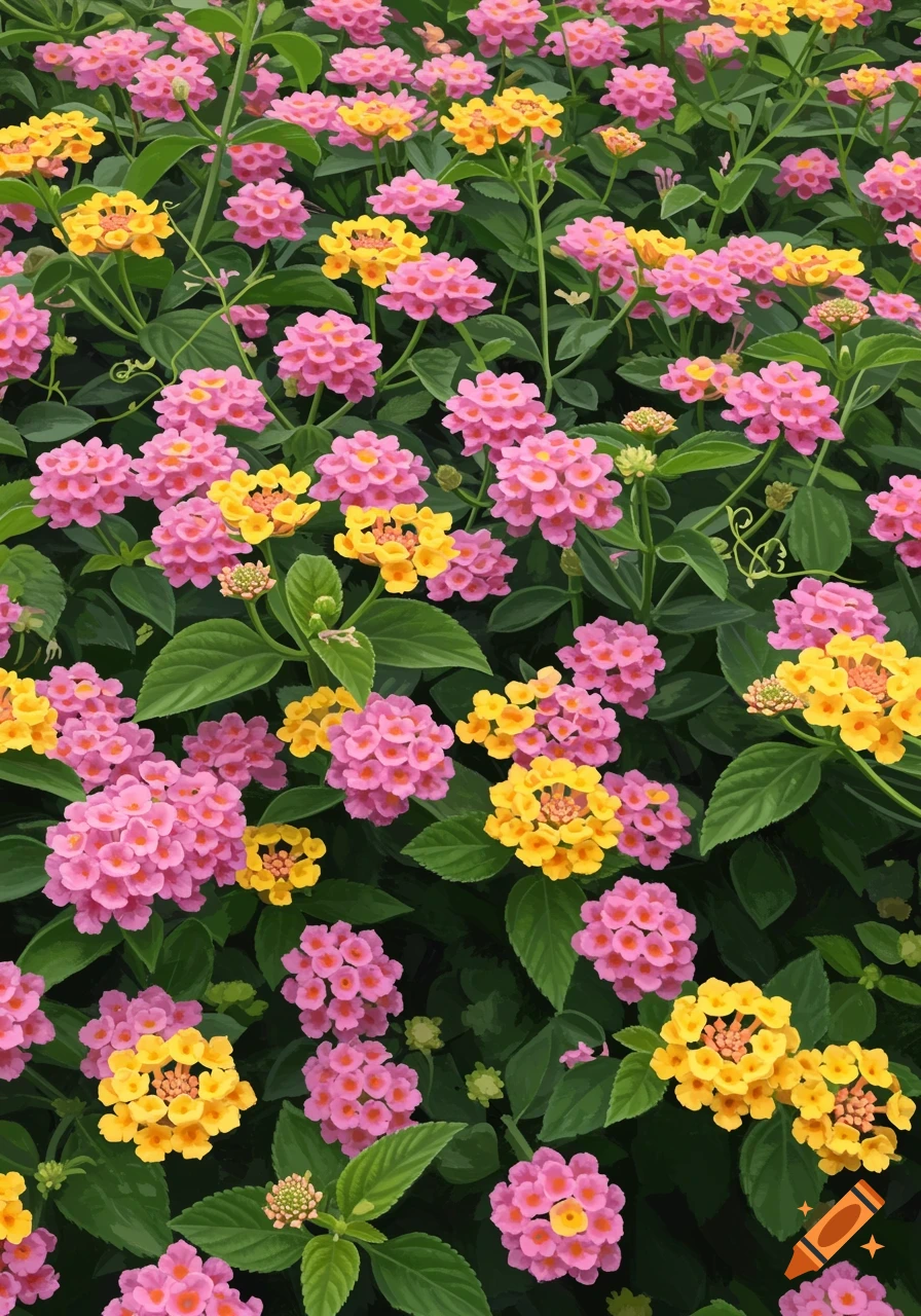 Close-up of vibrant pink and yellow lantana flowers amidst green foliage.