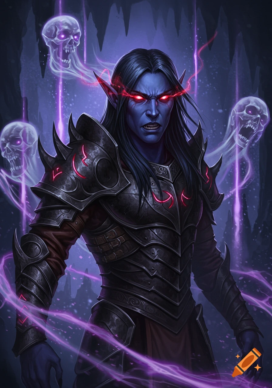 A dark elf character with blue skin, glowing red eyes, and long black hair, wearing spiky black armor and surrounded by purple magical energy, with ghostly skulls floating around him in a dark cave.