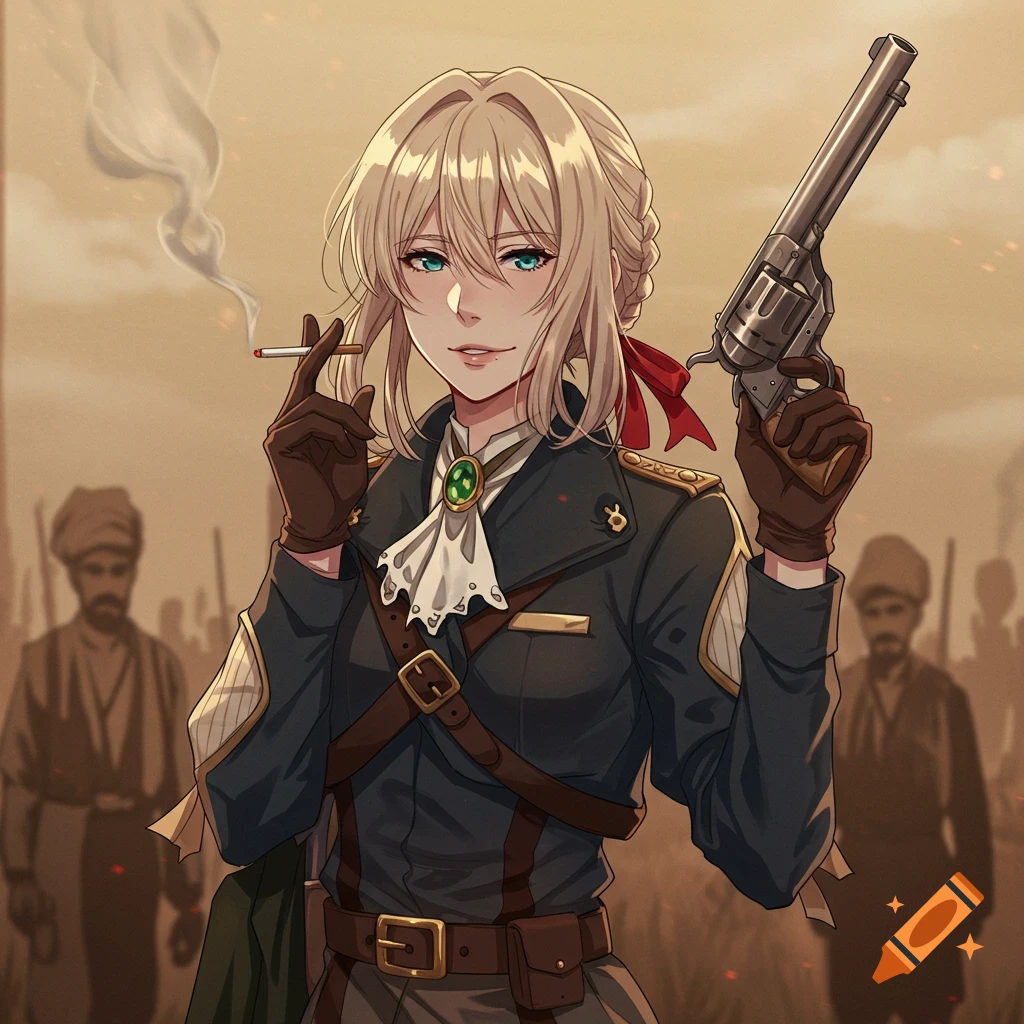 Anime style Violet Evergarden in a military uniform, holding a revolver and smoking a cigarette, with blurred figures in the background.